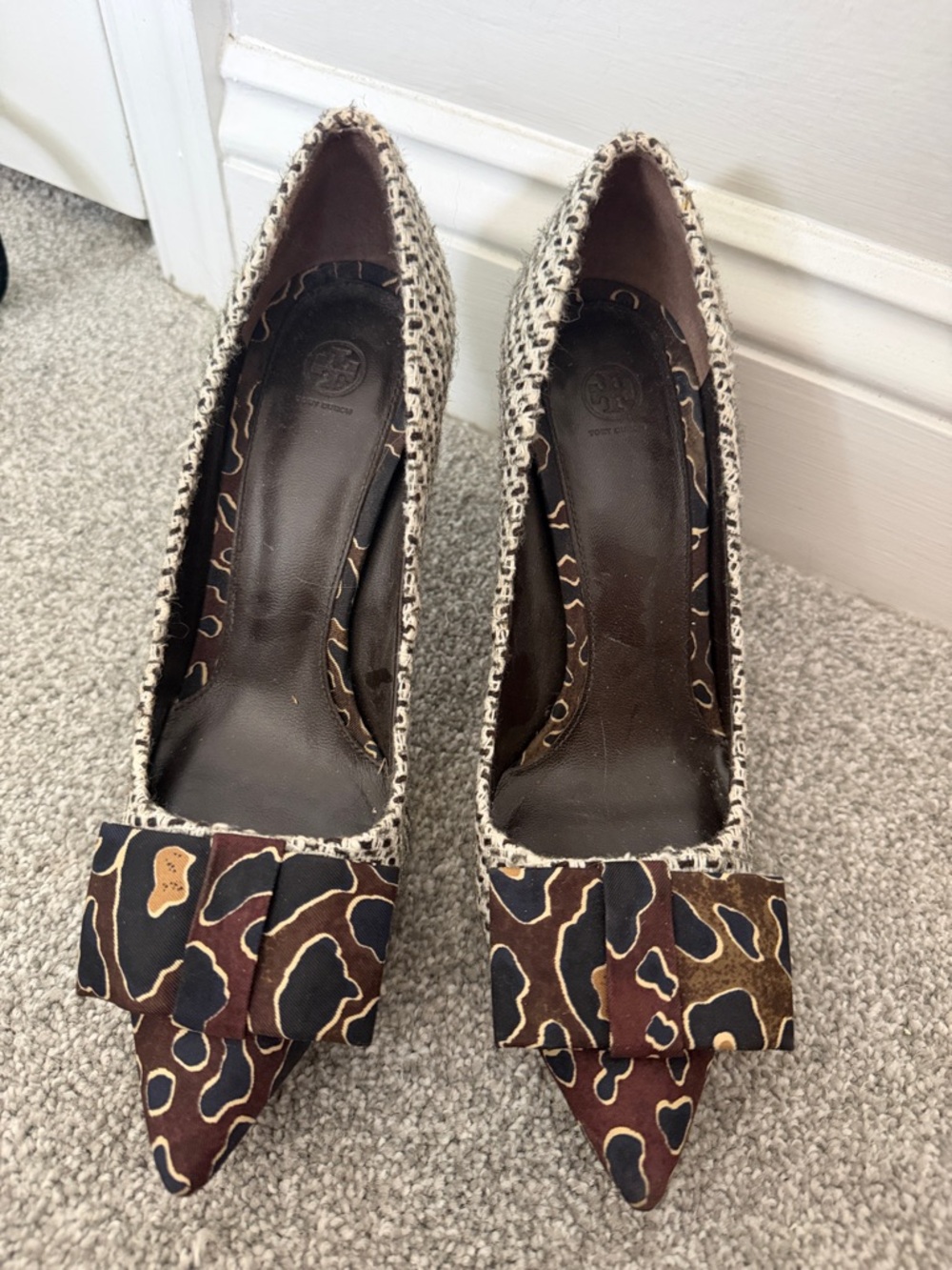 Tory Burch Leopard-Print Pointed Toe Bow Pumps in Brown and Black